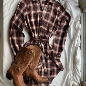 Sherry Cervi Plaid Shirt Dress Tie Waist Size L